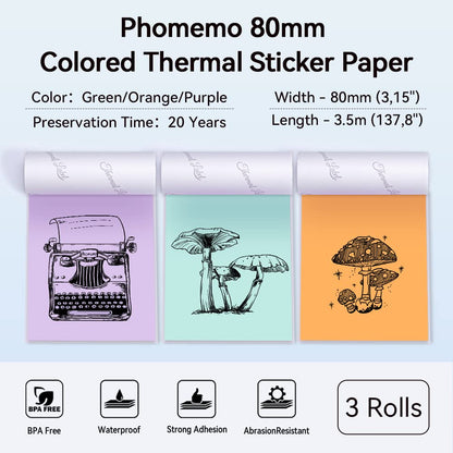 Phomemo 80mm kolorowy papier do drukarki M03, M03AS, M04S, M04AS mini drukarka kieszonkowa, 3 rolki samoprzylepnego papieru kolorowego 80mm x 3,5m, 20 lat konserwacji, liliowy/zielony/pomara¨½czowy