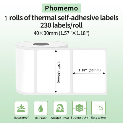 Multi-Purpose Square Self-Adhesive Label for Phomemo M110/M221/M220/M120/M200/M110S,1.57''x1.18''(40x30mm),230 Labels/Roll, Black on White