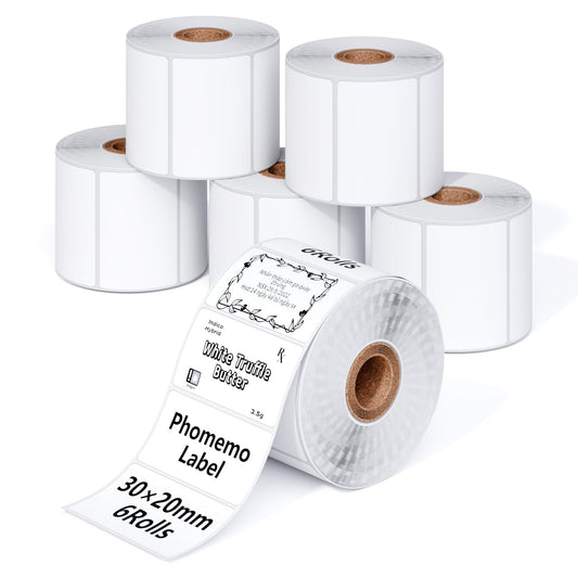 Phomemo 6 Rouleaux Etiquettes M110 Etiquettes Autocollante Multifonction pour étiquettes thermiques,1,18''x 0,79'' (30x20mm),adapté à Étiqueteuses Phomemo M110 M200 M120 M220 M221,320 étiquettes/Rouleau