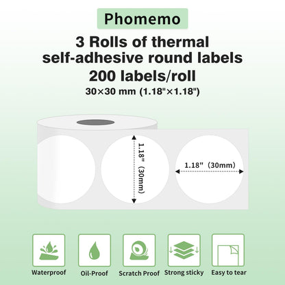 Phomemo 3 rollos Etiquetas redondas M110 Etiqueta térmica autoadhesiva Redondas Multifunción,1,18''x1,18''(30x30mm),Adecuada para la Phomemo M110 M200 M120 M220 M221,200 etiquetas/rollo