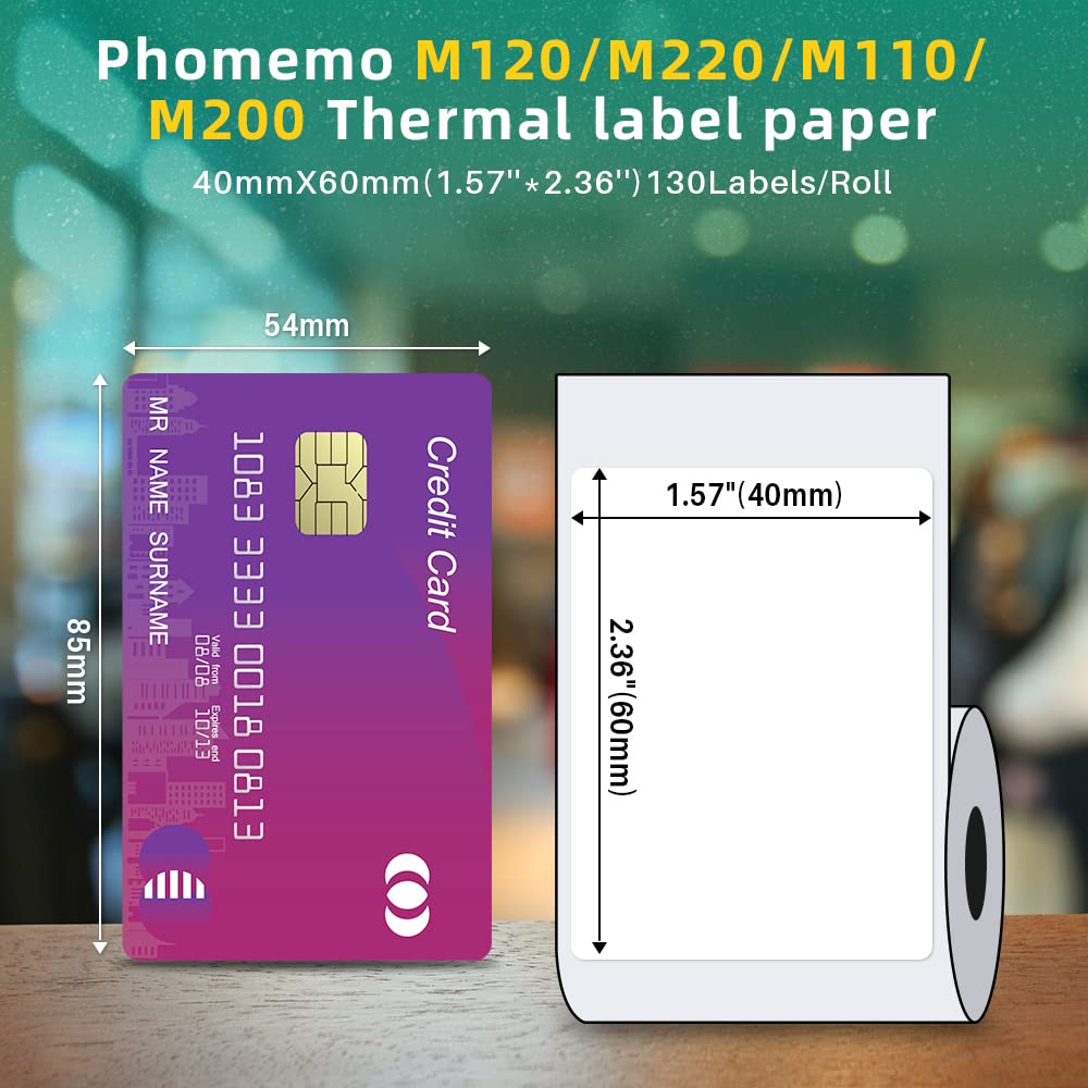 Phomemo 3 Rolls M120/M220/M110 Thermal Label Paper 1.57'' x 2.36'' (40x60mm), Square Self-Adhesive Barcode&Address Label,130 Labels/Roll, Black on White