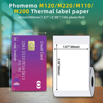 Phomemo 3 Rolls M120/M220/M110 Thermal Label Paper 1.57'' x 2.36'' (40x60mm), Square Self-Adhesive Barcode&Address Label,130 Labels/Roll, Black on White