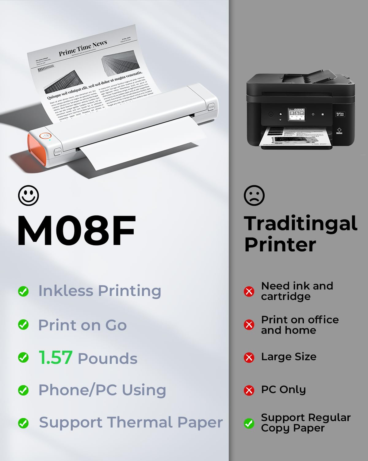 Phomemo Portable Printer M08F Bluetooth Thermal Printer Mobile Printer Wireless Travel Printer for Mobile Office, Support A4 Thermal Paper, Compatible with Android and iOS Phones