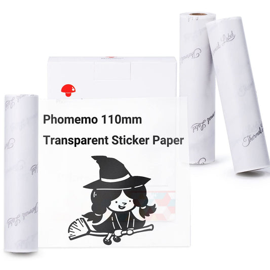 Phomemo 110 mm Transparentes Druckerpapier Kompatibel für Phomemo M04S/M04AS Mini Thermo Taschendrucker, 3 Rollen selbstklebendes transparentes Thermo-Aufkleberpapier, 110 mm x 3,5 m, 3 Rollen