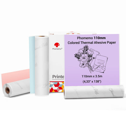 Phomemo 110 mm Farbdruckerpapier für M04S/M04AS Mini Taschendrucker, 3 Rollen selbstklebendes Thermo-Farbaufkleberpapier, 110 mm x 3,5 m, 20 Jahre Konservierung, Blau/Lila/Pink