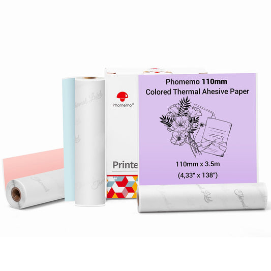 Phomemo 110mm Colour Printer Paper for M04S/M04AS Mini Pocket Printer, 3 Rolls Adhesive Thermal Colour Printer Paper, 110mm x 3.5m, 20 Years Durability, Blue/Purple/Pink