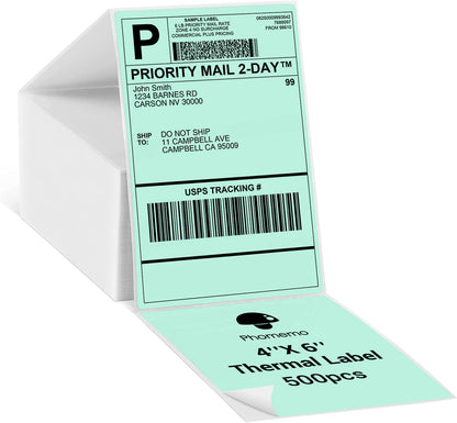Phomemo 10x15 cm (4x6'') thermische printerlabel, thermisch direct verzendlabel, verpakkingslabel, compatibel met Rollo Dymo Phomemo en andere 4x6'' labelprinters, 500 4x6'' fanfold labels, groen