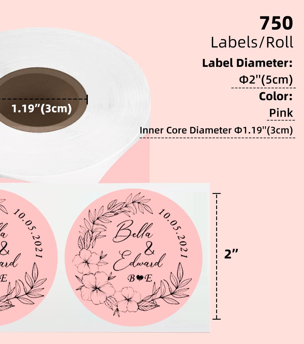 Phomemo 2'' Round Pink Labels, 750 Labels/Roll Compatible with MUNBYN Phomemo, Polono Label Printers, BPA Free Shipping Labels, Self Adhesive Thermal Labels for Logo, Code DIY