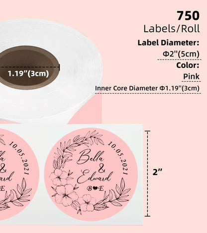 Phomemo 2'' Round Pink Labels, 750 Labels/Roll Compatible with MUNBYN Phomemo, Polono Label Printers, BPA Free Shipping Labels, Self Adhesive Thermal Labels for Logo, Code DIY