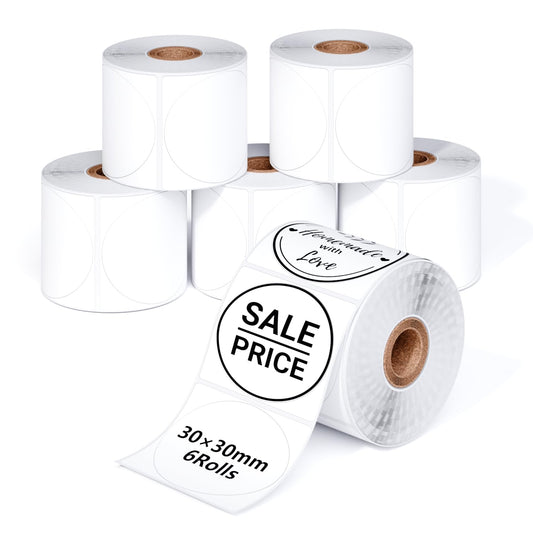 Phomemo 6 rouleaux Ronde Étiquette M110 Étiquette Ronde Multifonction Autocollante,1,18''x1,18'' (30x30mm),Compatible avec l'Étiqueteuses Phomemo M200 M120 M220 M221 M110,200 étiquettes/Rouleau