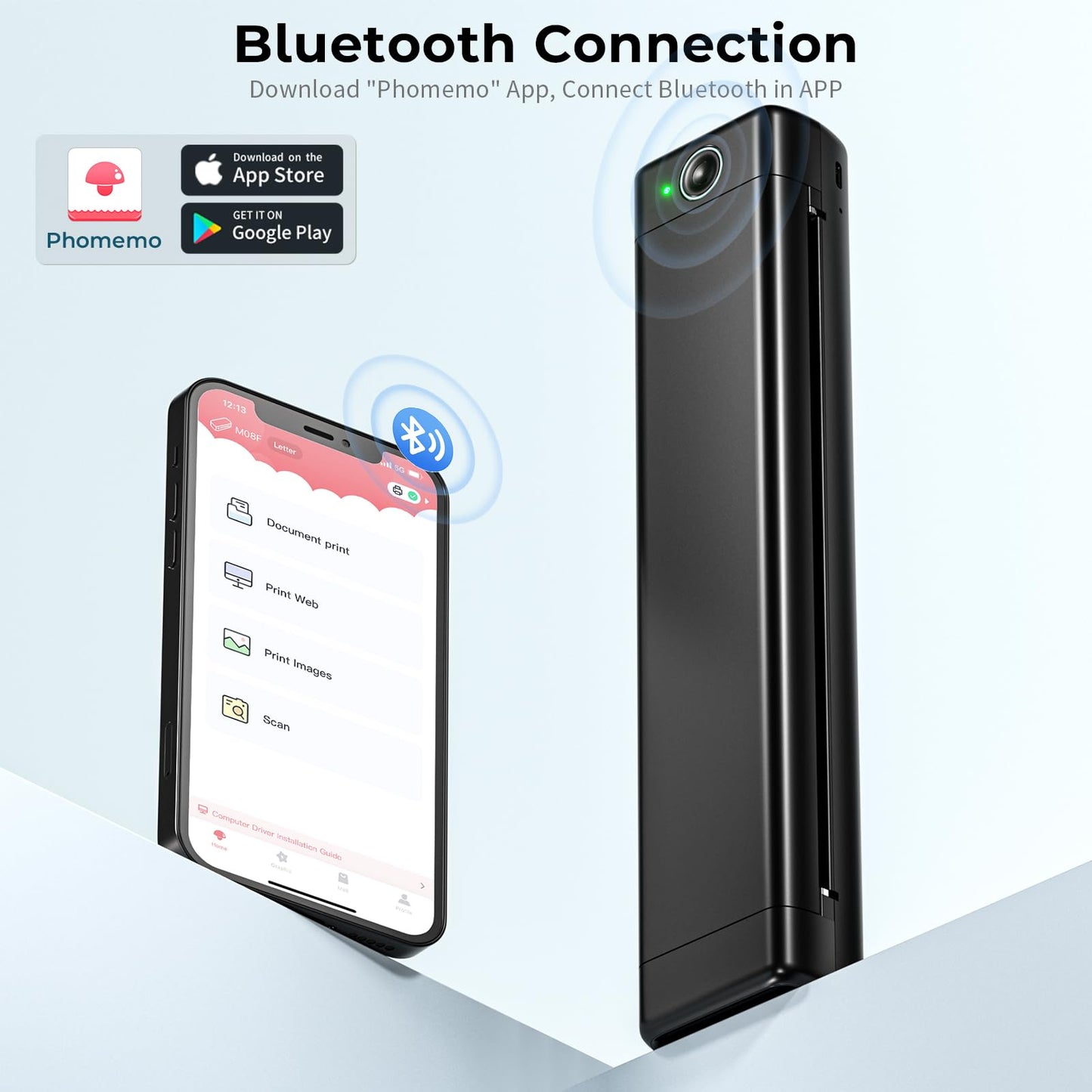 Phomemo Portable Printer Wireless for Travel, M08F Thermal Printer for Home Use Bluetooth Inkless Printer Support 8.5'' X 11'' US Letter, Compact Printer Compatible with Android iOS Phone & Laptop