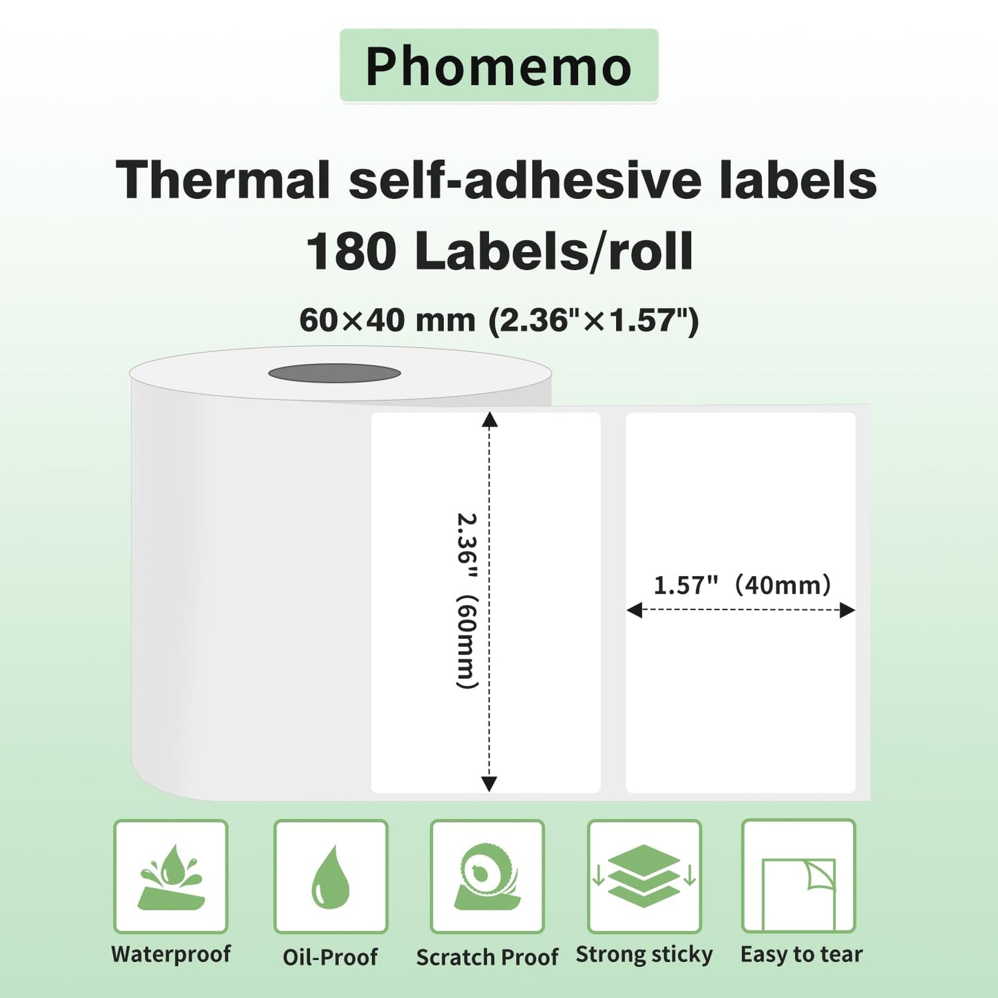 Phomemo Thermal Label, Adhesive Label, 60 x 40 mm, Compatible with the Phommeo M200 Label Printer, Suitable for Office, Warehouse, Address Label, Price Tag. 180 Labels Per Roll (White Label)