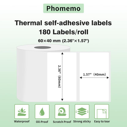 Phomemo Thermal Label, Adhesive Label, 60 x 40 mm, Compatible with the Phommeo M200 Label Printer, Suitable for Office, Warehouse, Address Label, Price Tag. 180 Labels Per Roll (White Label)