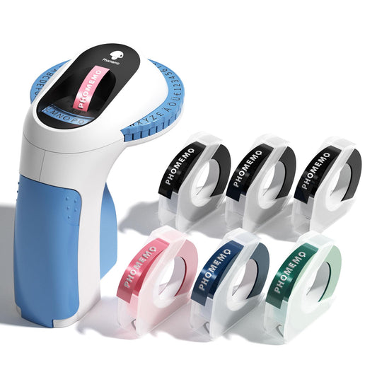Phomemo Beschriftungsgerät, 3D Prägegerät, Tragbarer Etikettiergerät, Blau Etikettenprägegerät mit 6 Etikettenband,Etikettendrucker mit (£ € Ä Ö Ü), Einfach zu verwenden-für Haus, Büro