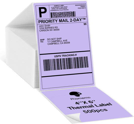 Phomemo 10x15 cm (4x6'') thermische printerlabel, thermisch direct verzendlabel, verpakkingslabel, compatibel met Rollo Dymo Phomemo en andere 4x6'' labelprinters, 500 4x6'' fanfold label, paars