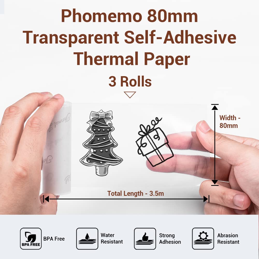 Phomemo Przezroczysty papier do drukarek, 80 mm, kompatybilny z M03/M03AS/M04S/M04AS mini drukarka kieszonkowa, 3 rolki samoprzylepnego przezroczystego papieru termoizolacyjnego, 80 mm x 3,5 m, 3