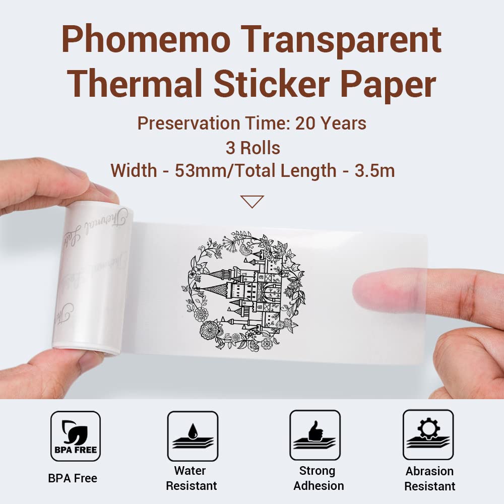 Phomemo Przezroczysty papier 53 mm, kompatybilny z M02, M02S, M02Pro, M03, M03AS, M04S, M04AS Mini drukarka kieszonkowa, 3 rolki samoprzylepnego przezroczystego papieru z naklejkami termicznymi, 53 mm