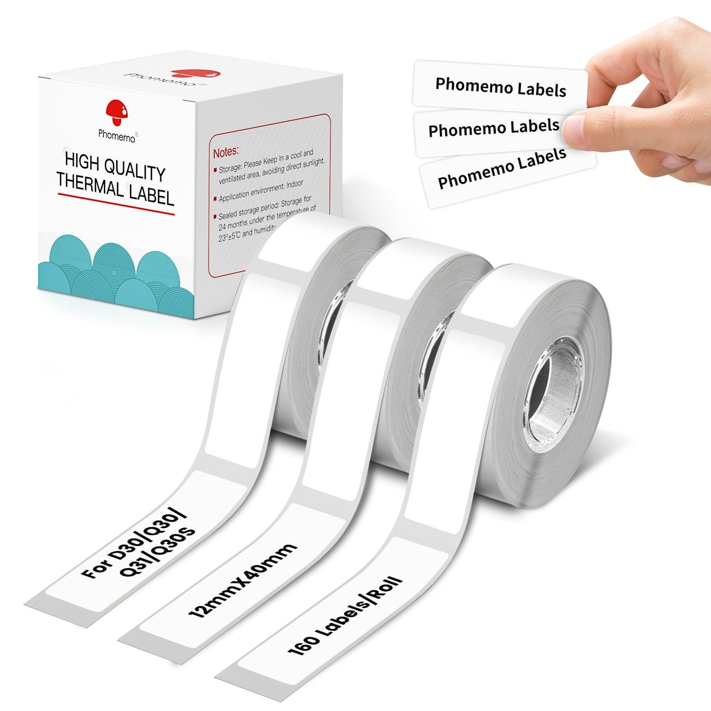 Phomemo - Rollo de etiquetas para etiquetas D30, Q30, Q31, Q30S, D30, 12 mm x 40 mm, 3 unidades, 160 etiquetas y rollo