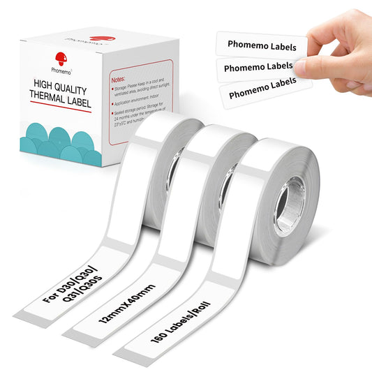 Phomemo - Rollo de etiquetas para etiquetas D30, Q30, Q31, Q30S, D30, 12 mm x 40 mm, 3 unidades, 160 etiquetas y rollo
