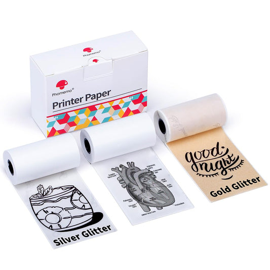 Phomemo Printer Paper - M02/M02Pro/M02S/M03/M03AS/M04S/M04AS Sticker Printer Paper, White/Silver Glitter/Golden Glitter Pocket Thermal Printer Paper Self Adhesive Sticker Paper, 3 Rolls