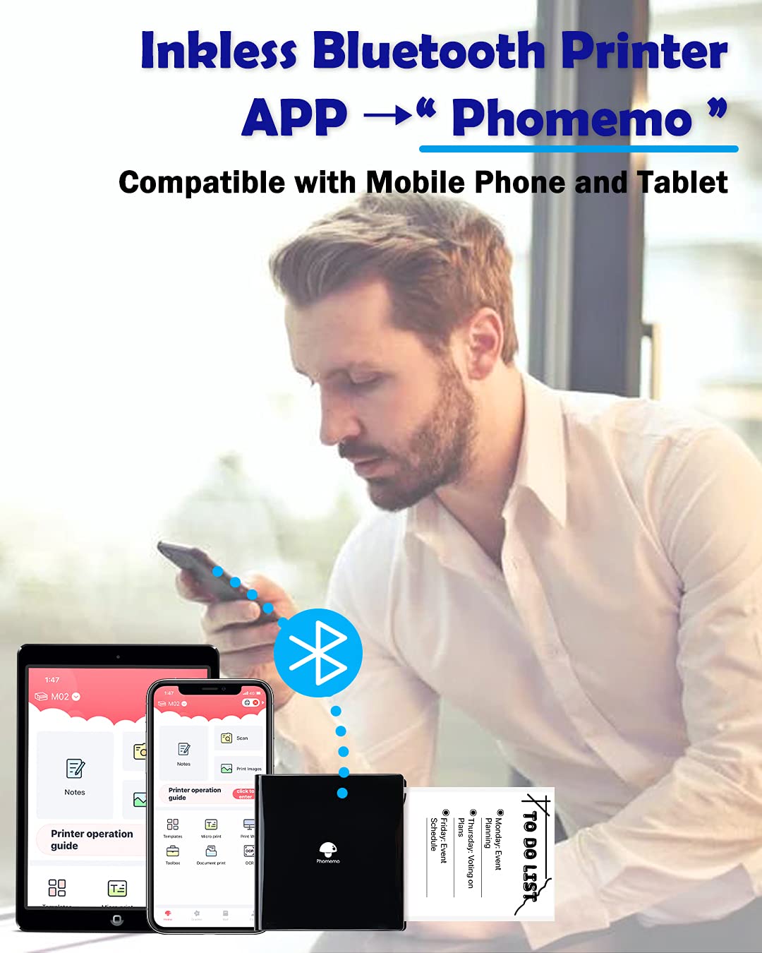 Phomemo M02 Mini Pocket Printer- Inkless Note Printer Portable Bluetooth Thermal Printer Pocket Printer for Organizing Office Documents, Work List Printing, Receipts, Black