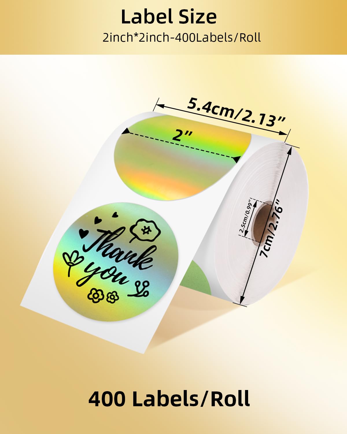 Phomemo 2 in? termal etiketler, holografik alt?n yuvarlak, kendinden yap??kanl? ??kartma, dairesel do?rudan termal ??kartma, te?ekk¨¹r ??kartmas?, logo, isim, fiyat, adres, QR kodu, 400 etiket