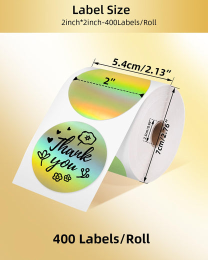 Phomemo 2 in? termal etiketler, holografik alt?n yuvarlak, kendinden yap??kanl? ??kartma, dairesel do?rudan termal ??kartma, te?ekk¨¹r ??kartmas?, logo, isim, fiyat, adres, QR kodu, 400 etiket