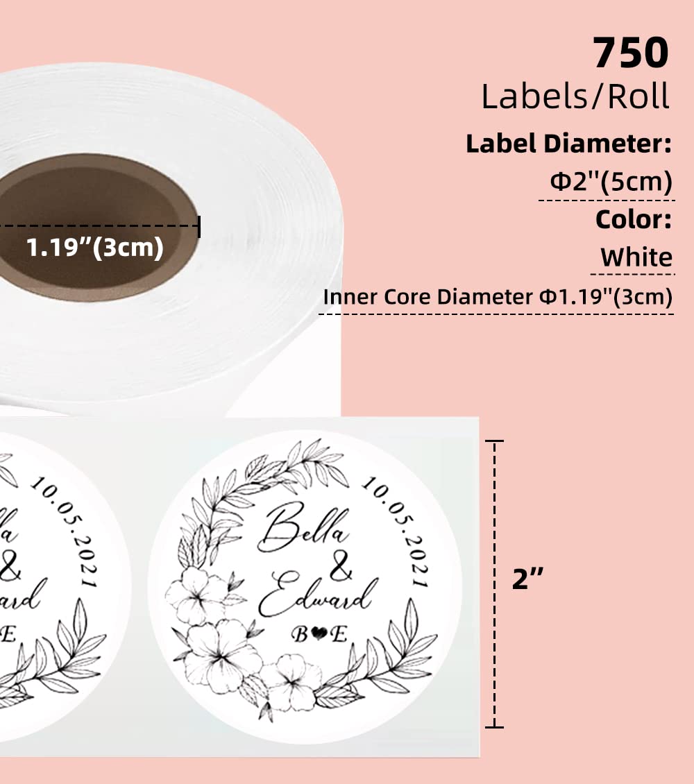 Phomemo 2'' Round White Labels, 750 Labels/Roll Compatible with MUNBYN Phomemo, Polono Label Printers, BPA Free Shipping Labels, Self Adhesive Thermal Labels for Logo, Code DIY