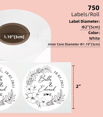 Phomemo 2'' Round White Labels, 750 Labels/Roll Compatible with MUNBYN Phomemo, Polono Label Printers, BPA Free Shipping Labels, Self Adhesive Thermal Labels for Logo, Code DIY