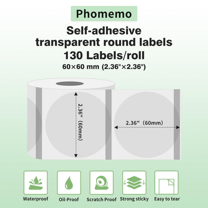 Phomemo ¨¦tiquette Ronde Transparente M220 ¨¦tiquette thermique Autocollantes Ronde Transparente,2,36''x2,36'' (60x60mm), compatible avec l'¨¦tiqueteuses Phomemo M200 M220 M221,130 ¨¦tiquettes/rouleau