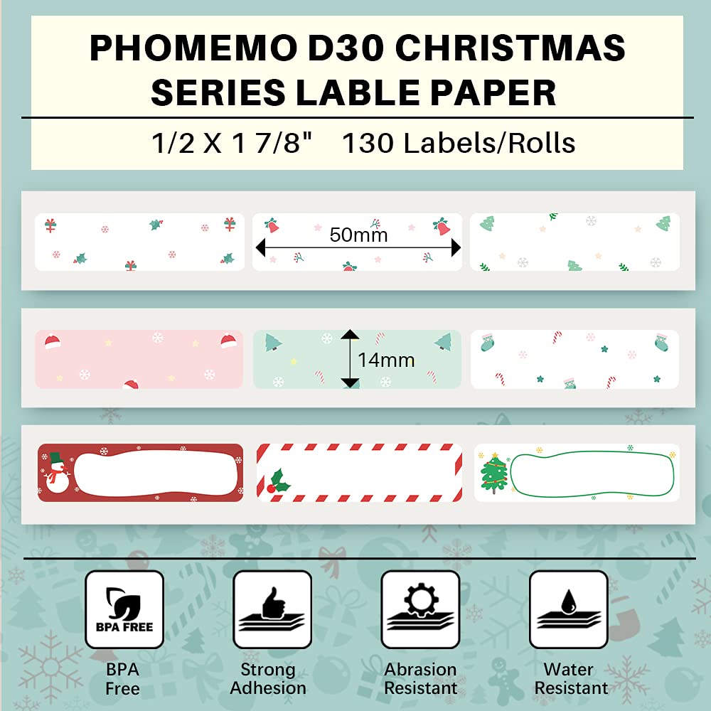 Phomemo 3 Roll D30 Adhesive New Year Decoration Pattern with Border Label Paper 1/2'' X 1 7/8'' 130 Labels/Roll, Black on White, for Gift, Halloween Christmas Decoration