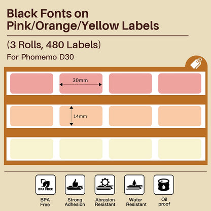 ¨¦tiquettes Phomemo D30 Lot de 3 rouleaux de ruban adh¨¦sif orange imperm¨¦able ¨¤ l'huile et aux rayures de 14 mm x 30 mm Compatible avec la machine d'¨¦tiquettes D30