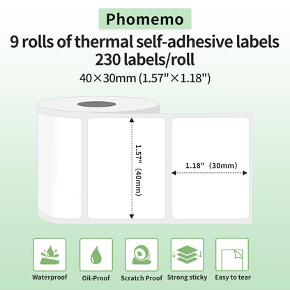 Phomemo 9 Rouleaux Etiquettes M110 Etiquettes Autocollante Multifonction pour étiquettes thermiques,1,57''x1,18'' (40x30mm),adapté à Étiqueteuses Phomemo M110 M200 M120 M220 M221,230 étiquettes/Rouleau