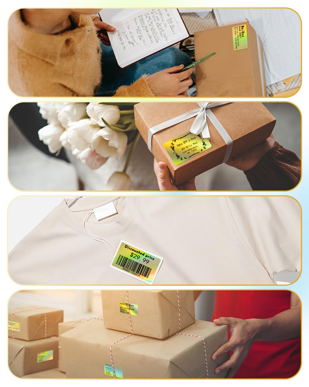Phomemo 2.25'' * 1.25'' Holographic Gold Thermal Labels, Self-Adhesive Sticker Label, Square Direct Thermal Label for Thanks Card, Logo, Name, Price, Address, QR Code, 500 Labels, Gold Laser