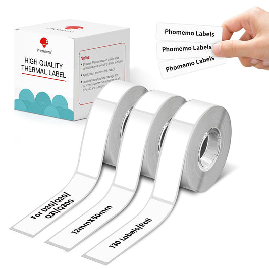 Phomemo 3 rotoli di etichette termiche adesive , 12 mm * 50 mm, compatibile con stampante di etichette Phomemo D30, per casa, scuola, 130 pezzi/rotolo, 3 rotoli (etichetta bianca)