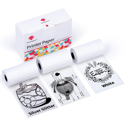 Phomemo Printer Paper - M02/M02Pro/M02S/M03/M03AS/M04S/M04AS Mini Sticker, Printer Paper, Transparent/Silver Glitter/White Paper with 53mm x 3.5m Adhesive Decal Paper, 3 Rolls