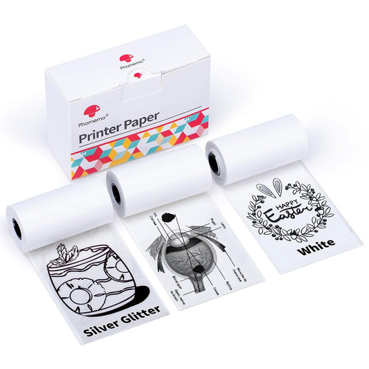 Phomemo Printer Paper - M02/M02Pro/M02S/M03/M03AS/M04S/M04AS Mini Sticker, Printer Paper, Transparent/Silver Glitter/White Paper with 53mm x 3.5m Adhesive Decal Paper, 3 Rolls