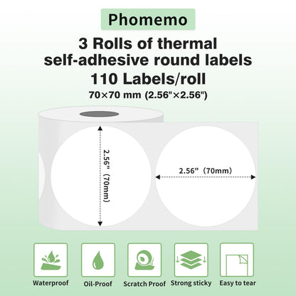 Phomemo 3 Rollen M200 Runde Etiketten,2.76''' x 2.76''£¨70x70 mm£© Selbstklebende Runde Etiketten, Kompatibel mit Phomemo M220/M221/M200 Etikettendrucker, 110 Etikett/Rolle, 3 Rollen Runde Etiketten