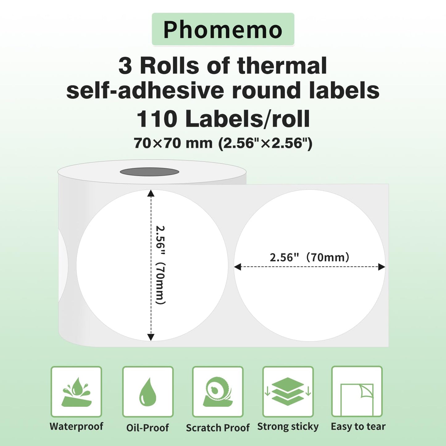 Phomemo 3 Rollen M200 Runde Etiketten,2.76''' x 2.76''（70x70 mm） Selbstklebende Runde Etiketten, Kompatibel mit Phomemo M220/M221/M200 Etikettendrucker, 110 Etikett/Rolle, 3 Rollen Runde Etiketten