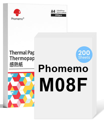 Phomemo Papel T¨¦rmico M08F A4 Compatible Con Phomemo M08F M832, Q302, M834, PJ762/PJ763MFi, MT800/MT800Q y Otras Impresoras Port¨¢tiles A4, Papel de Impresora M08F M832, 200 hojas