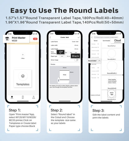 Phomemo ¨¦tiquettes autocollantes rondes multi-usages pour ¨¦tiqueteuse M110/M120/M220/M200, 40 x 40 mm, ¨¦tiquettes transparentes pour emballage, enveloppes, bo?tes, emballages cadeaux et plus