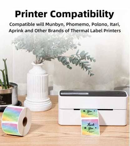 50 * 50mm Étiquettes Arc-en-ciel motif étoile 500/rouleau Phomemo carrées Étiquettes Arc-en-ciel 500 feuilles/rouleau, compatibles avec les imprimantes d'étiquettes MUNBYN, Phomemo, Polono, sans BPA