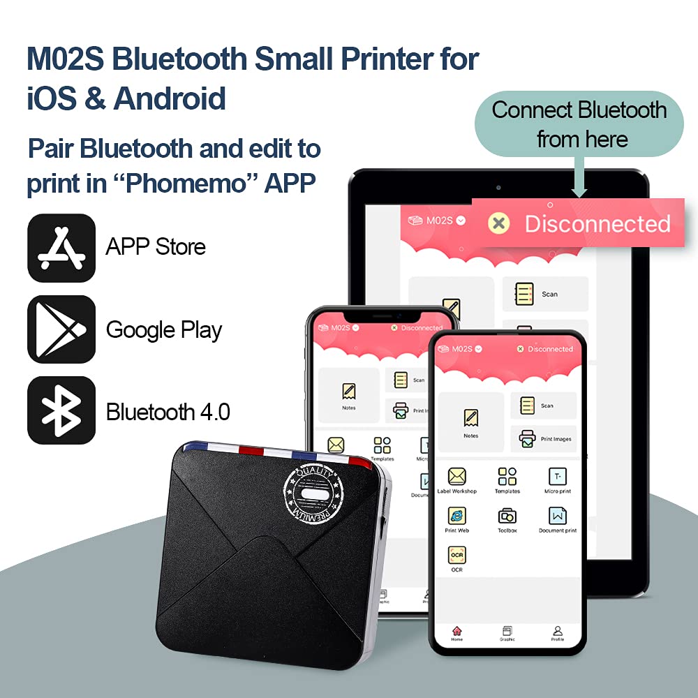 M02S Kit Imprimante Thermique Mini Bluetooth Portable 300 dpi Impression HD pour l'organisation de Journaux Photos Compatible avec iPhone et Android Noir