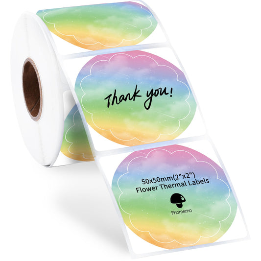 Phomemo Ronde Etiketten Voor Thermische Printer 50x50mm,de Stickers Van Regenboogbloemen,Verwezenlijking van Dank u Etiketten,enz.Compatibel Systeem Met Vele Merken van Printers(500 Etiketten/Rol)