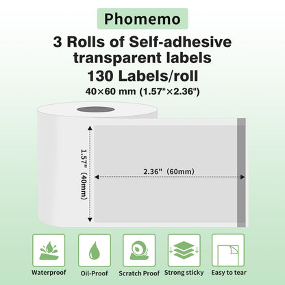 Phomemo 3 rollen transparant label, multifunctioneel zelfklevend transparant etiket, 40 mm x 60 mm, 130 etiketten/rol, compatibel met Phommeo M200, M110, M220, M120, M221 labelprinter