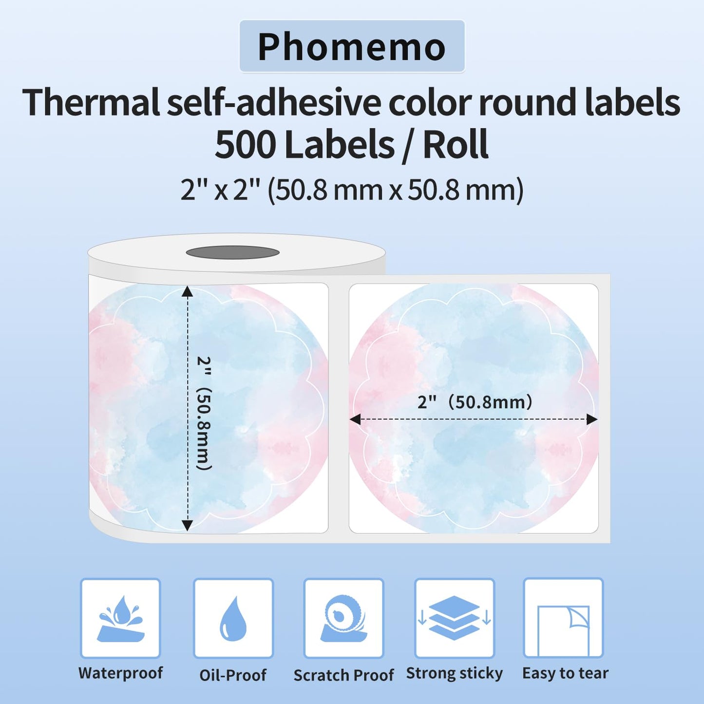 Phomemo Thermal Star Colour Lot de 500 ¨¦tiquettes autocollantes polyvalentes, rondes color¨¦es, 50 x 50 mm, rose ¨¦toil¨¦