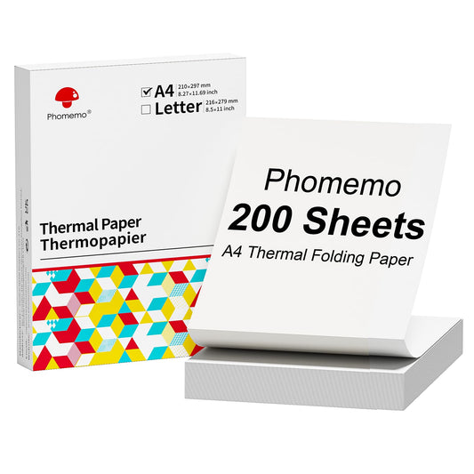 Phomemo Papel t¨¦rmico plegable sin fin A4, 210 mm x 297 mm, compatible con Phomemo M08/M831/M832/M833/M833/M834, impresora port¨¢til A4, para negocios, hogar, foto, factura, contrato, 200 hojas