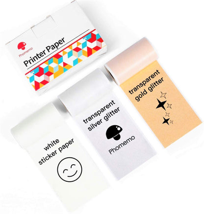 Phomemo Adhesive Thermal Sticker Paper,White/Gold Glitter/Silver Glitter Thermal Paper,for Phomemo M02/T02/M02 Pro/M02S/M03/M03AS/M04S Thermal Pocket Printer/Receipt Printer, 50mm-53mm Width