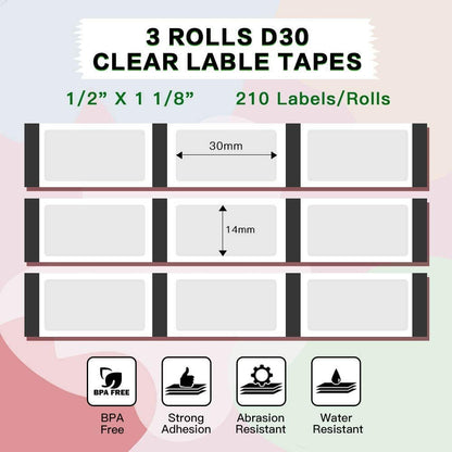 Phomemo 3 rouleaux d'étiquettes transparentes papier transparent autocollant,14 mm * 30 mm,compatible avec Phomemo D30 l'imprimante d'étiquettes,210 / rouleau,trois rouleaux(étiquettes transparentes)