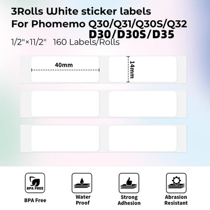 Phomemo Q30 Q30S Q31 Q32 D30 D35 D30S Label Paper,14x40mm [1/2''x1 1/2'']Label Tape, Compatible with Phomemo Q30S/D30 Series Label Maker,Phomemo Labels Suitable for School,Home,160pcs/Roll,3 Rolls